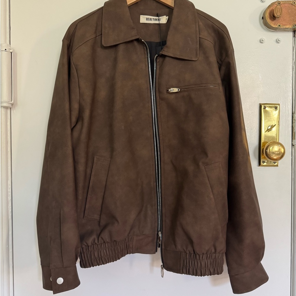 Reltakai Brown Bomber Jacket with Classic Collar and Ribbed Cuffs